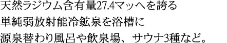 天然ラジウム含有量42.3マッヘを誇る、単純弱放射能冷鉱泉を全温浴槽に、源泉使用の岩塩風呂や飲泉場、サウナ3種など。