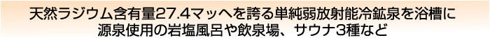 天然ラジウム含有量42.3マッヘを誇る単純弱放射能冷鉱泉を全温浴槽に源泉使用の岩塩風呂や飲泉場、サウナ3種に岩盤浴室など